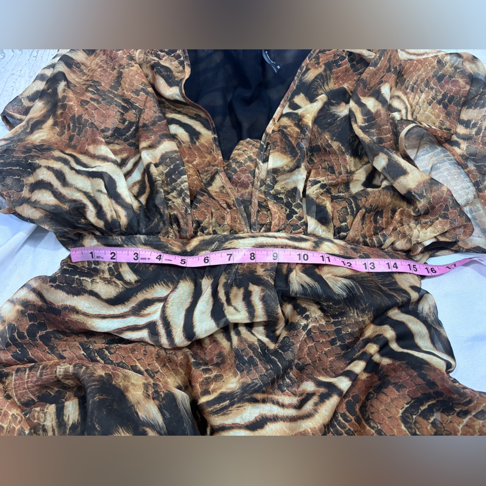 Maxi Dress Brown Animal Print Tiger Motifs V-neckline Flowing Kimono Sleeves - Picture 8 of 8